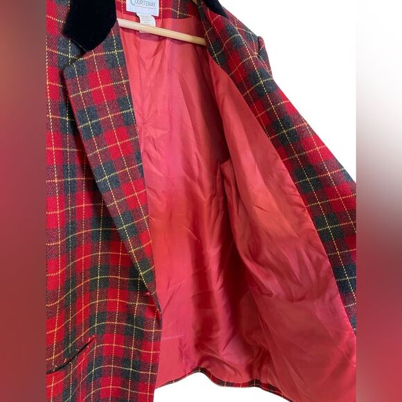 Vintage Courtenay Red and Black Plaid Lined Velvet Collar Blazer Size 16 - Picture 4 of 10
